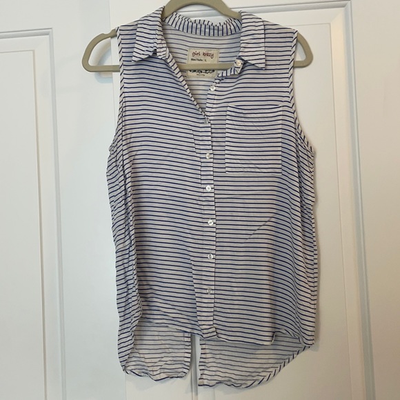 Sleeveless button down blouse with open back white and blue stripe size medium - Picture 1 of 3